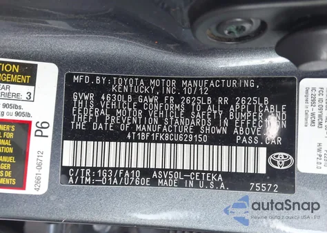 2012 Toyota Camry L z USA, uszkodzony, nr VIN 4T1BF1FK8CU629150